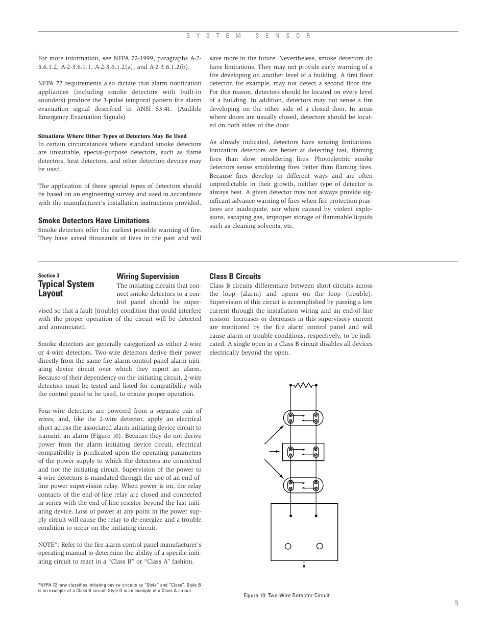 Smoke detectors have limitations, Section 3: typical system layout, Wiring supervision | Class b circuits, Typical system layout | System Sensor A05-1003-002 User Manual | Page 6 / 21