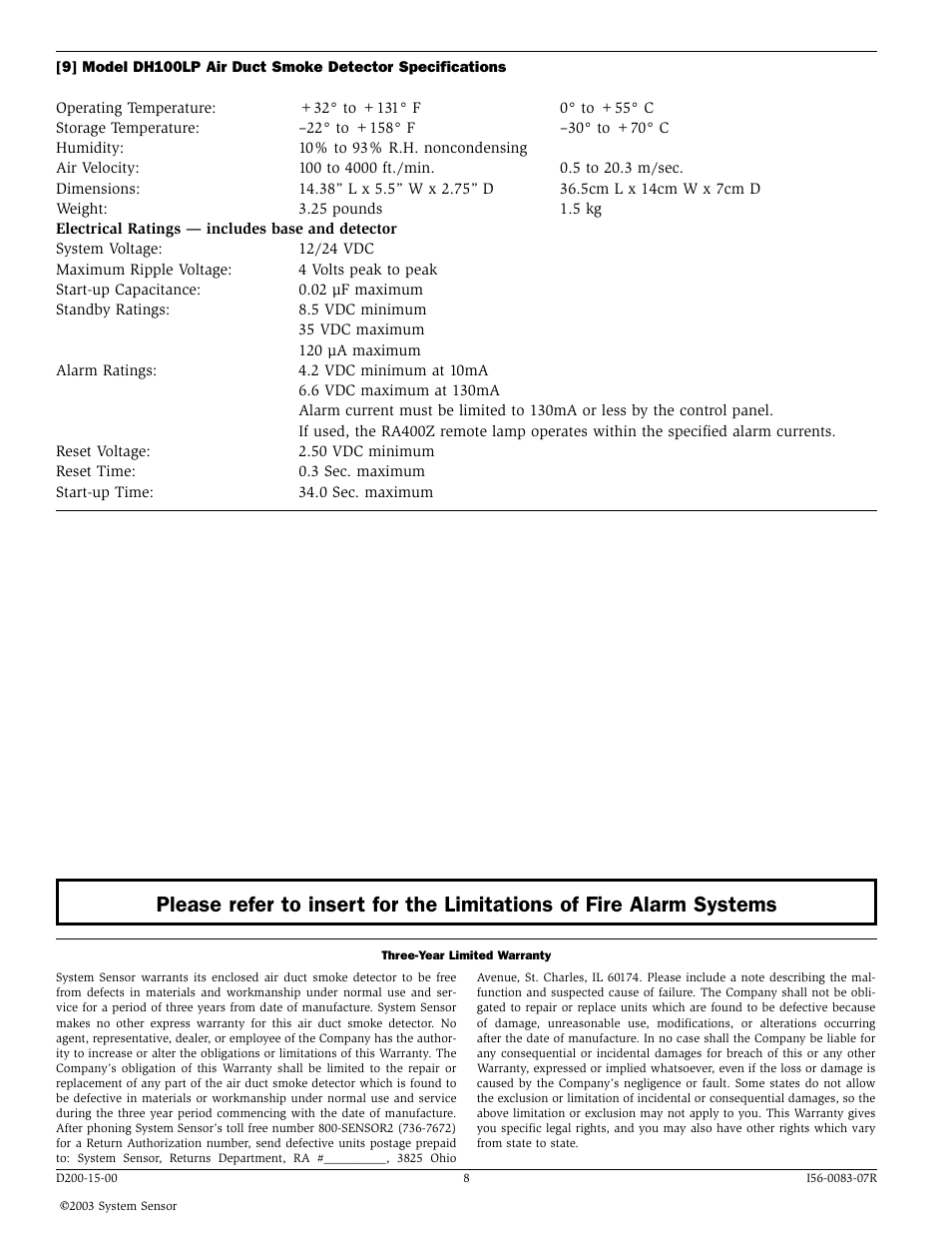 System Sensor INNOVAIR DH100LP User Manual | Page 8 / 8