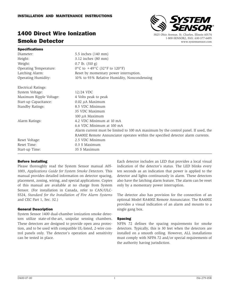 System Sensor 1400 User Manual | 4 pages