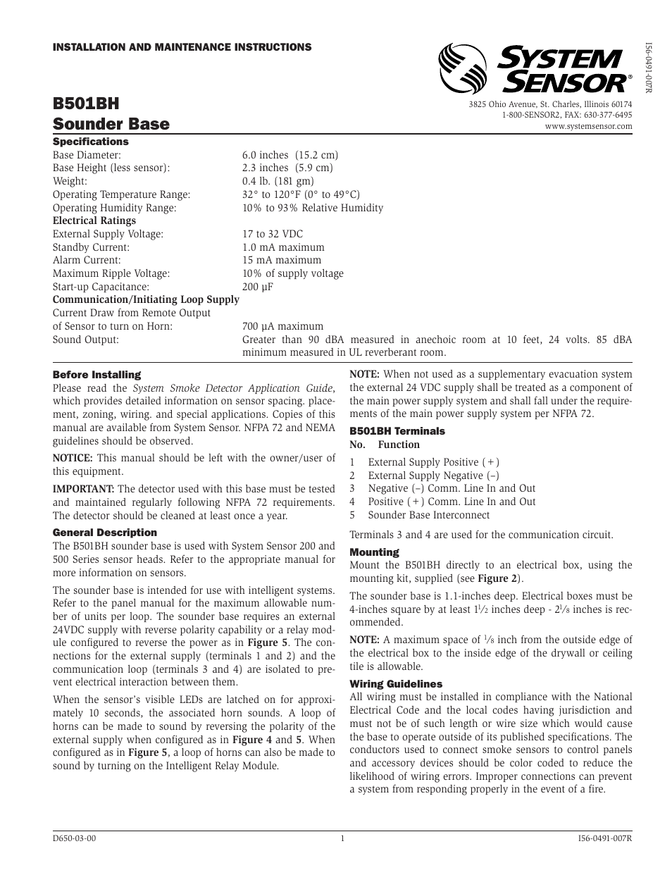 System Sensor SOUNDER BASE B501BH User Manual | 4 pages