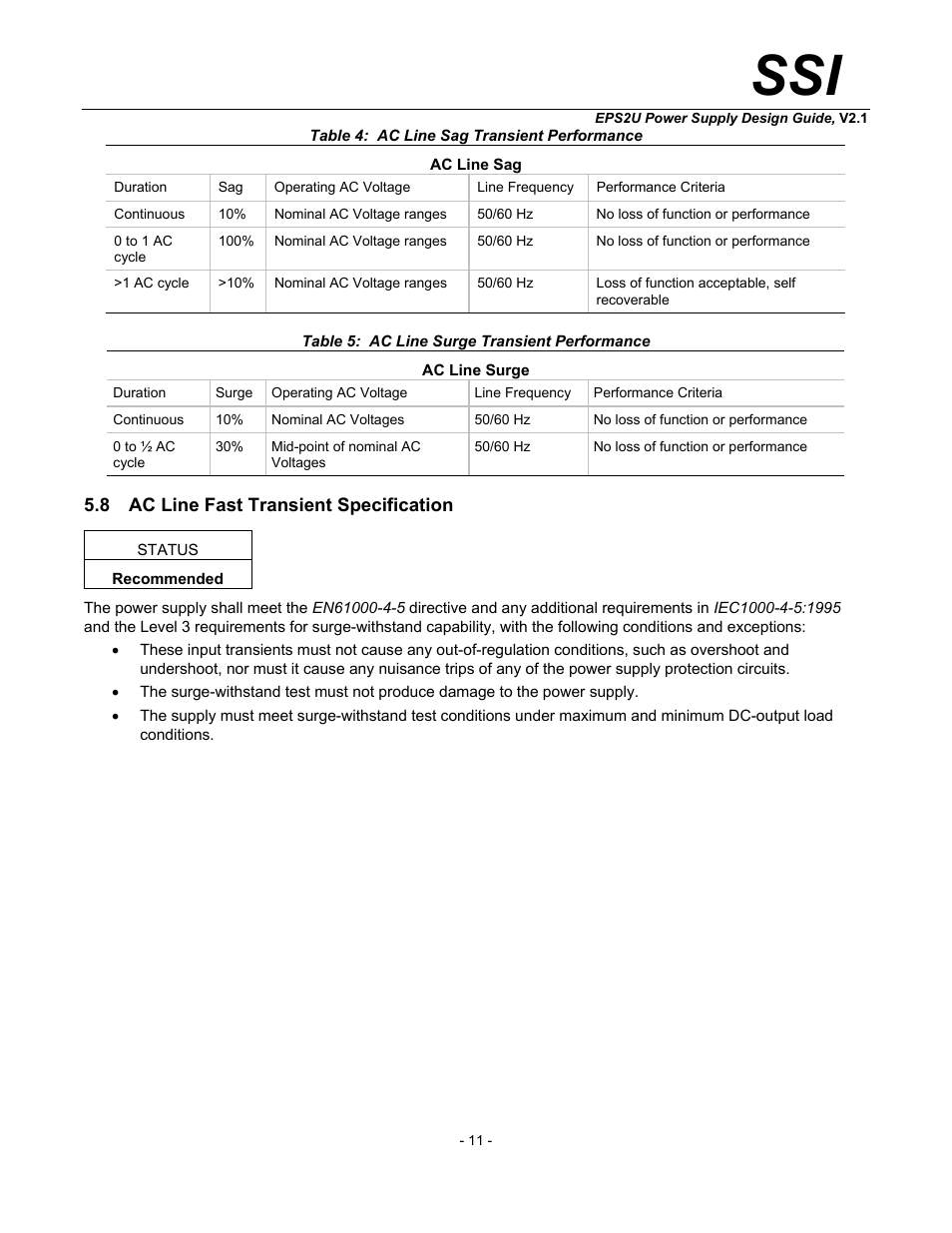 Ac line fast transient specification, Table 4: ac line sag transient performance, Table 5: ac line surge transient performance | SSI America EPS2U User Manual | Page 11 / 30