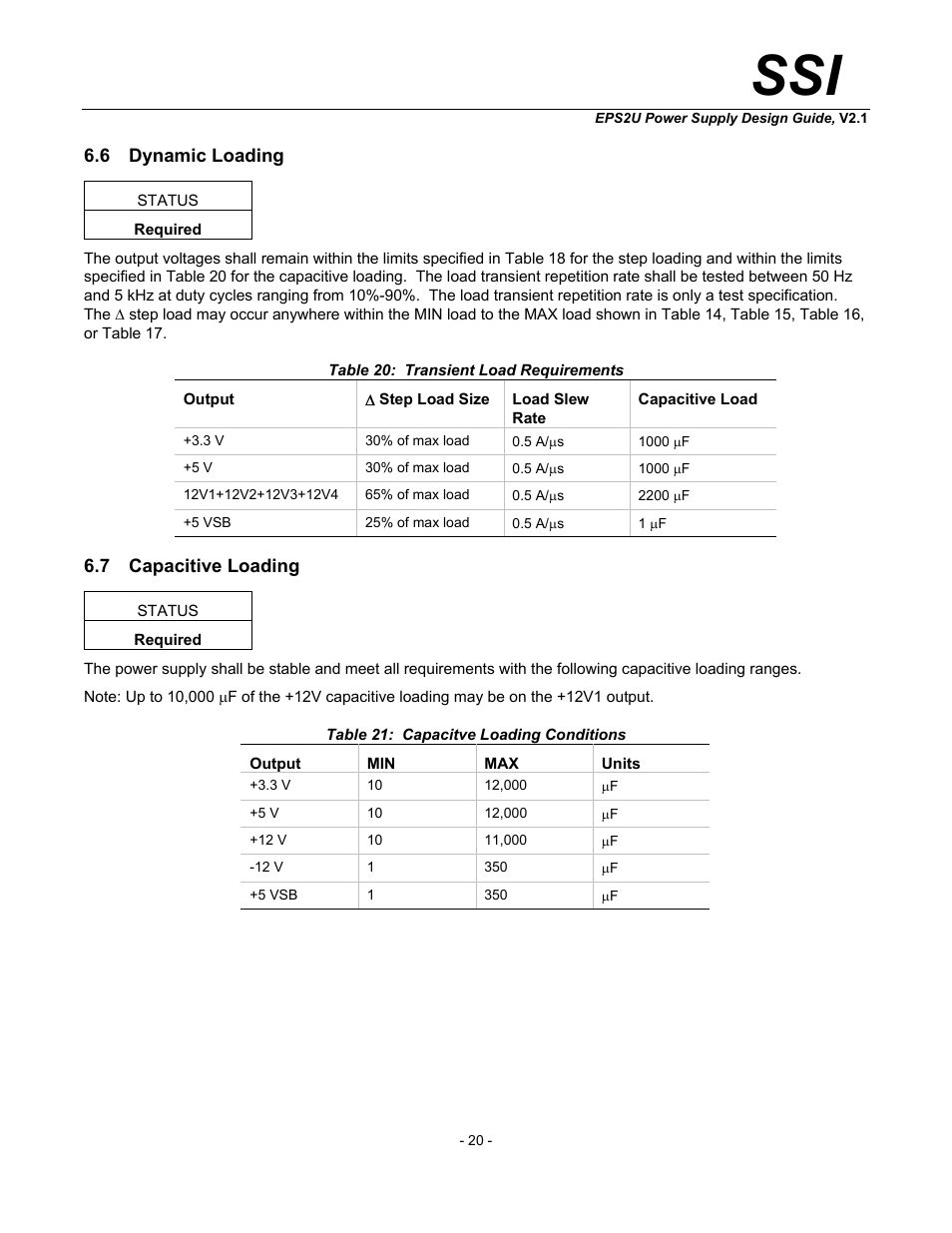 Dynamic loading, Capacitive loading, Table 20: transient load requirements | Table 21: capacitve loading conditions | SSI America EPS2U User Manual | Page 20 / 30