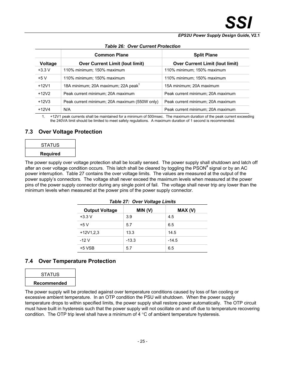 Over voltage protection, Over temperature protection, Table 26: over current protection | Table 27: over voltage limits | SSI America EPS2U User Manual | Page 25 / 30