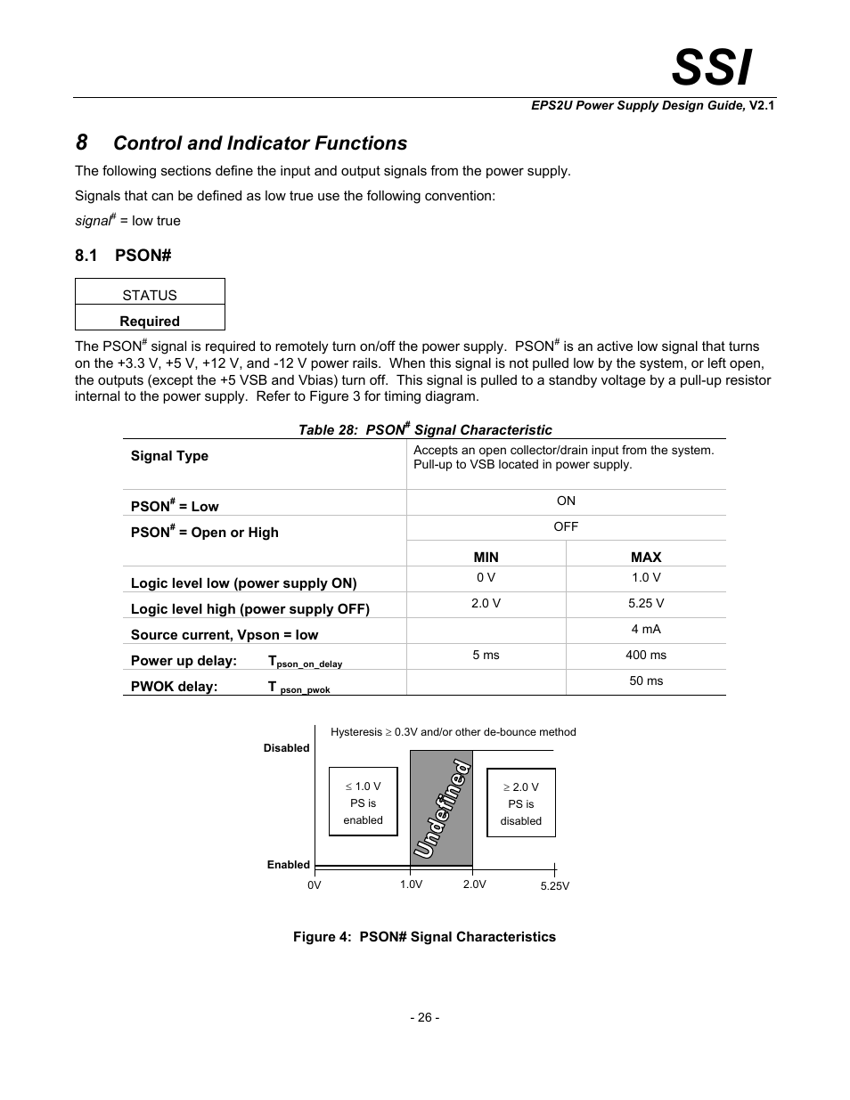 Control and indicator functions, Pson, Figure 4: pson# signal characteristics | Table 28: pson, Signal characteristic, 1 pson | SSI America EPS2U User Manual | Page 26 / 30