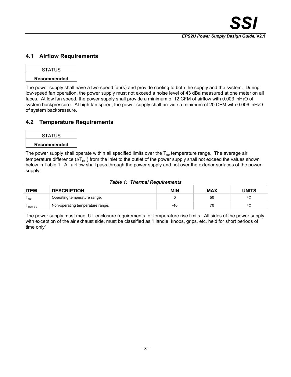 Airflow requirements, Temperature requirements, Table 1: thermal requirements | SSI America EPS2U User Manual | Page 8 / 30