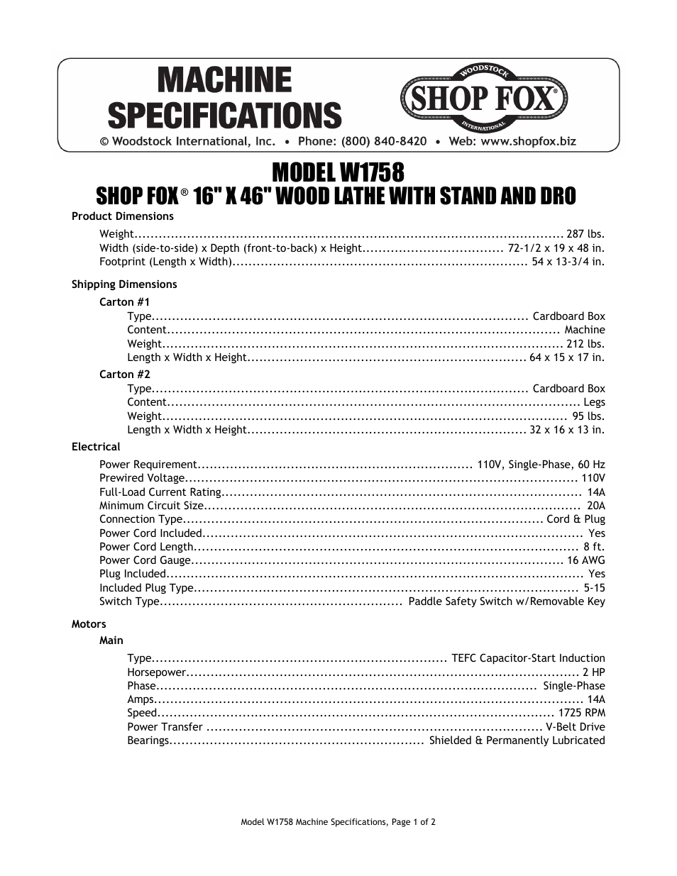 Woodstock SHOP FOX W1758 User Manual | 2 pages