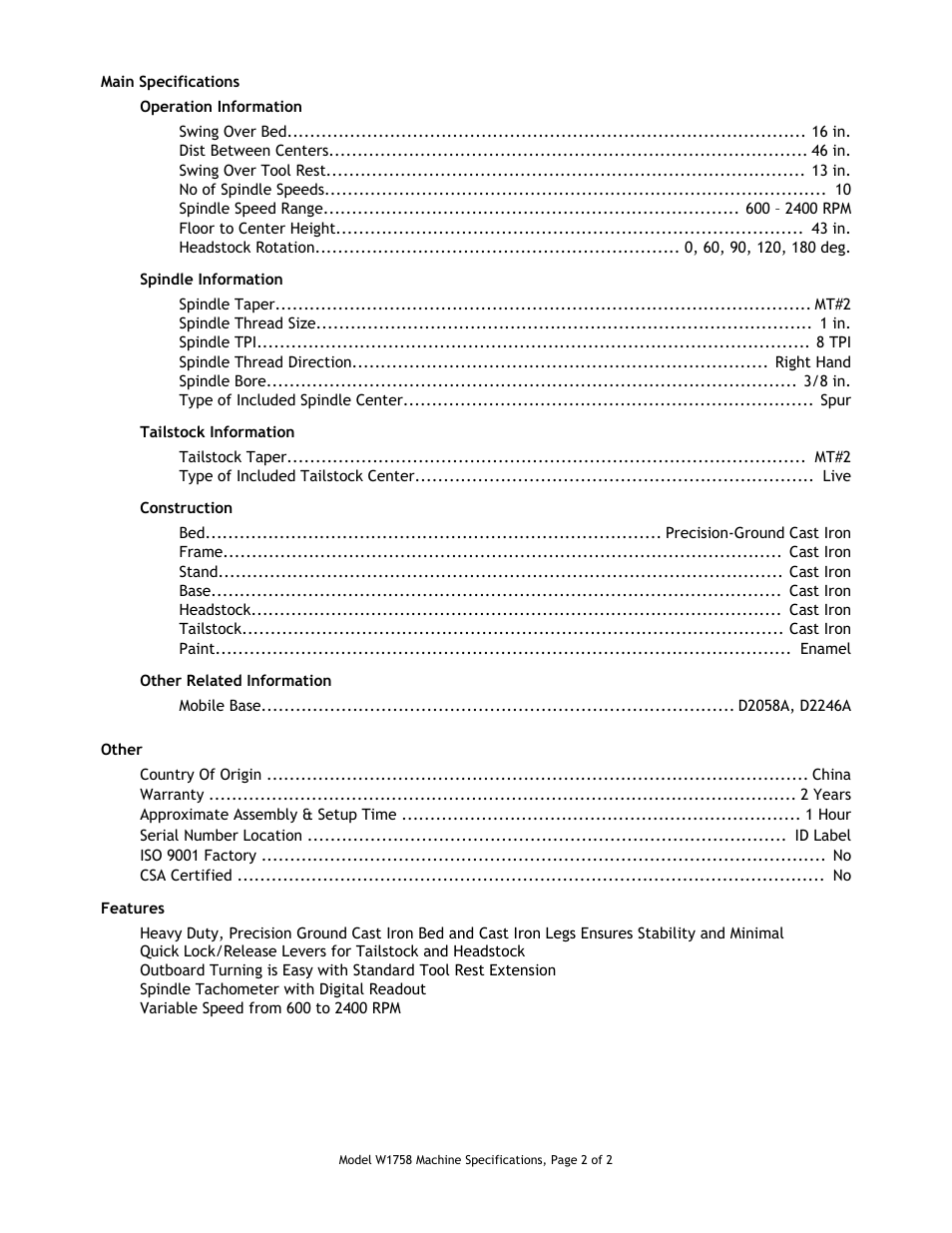 Main specifications, Other specifications, Features | Woodstock SHOP FOX W1758 User Manual | Page 2 / 2