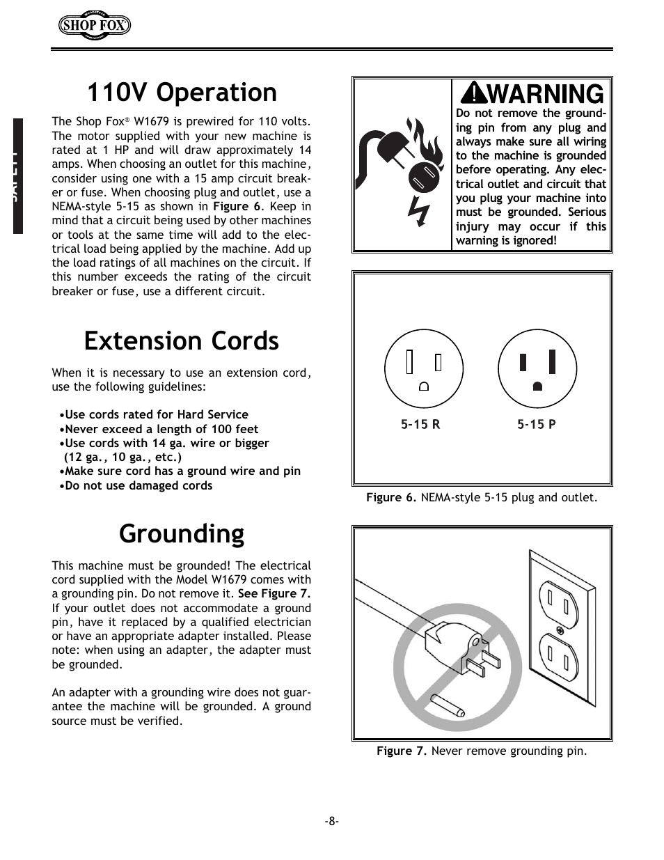 110v operation, Extension cords grounding | Woodstock W1679 User Manual | Page 10 / 44