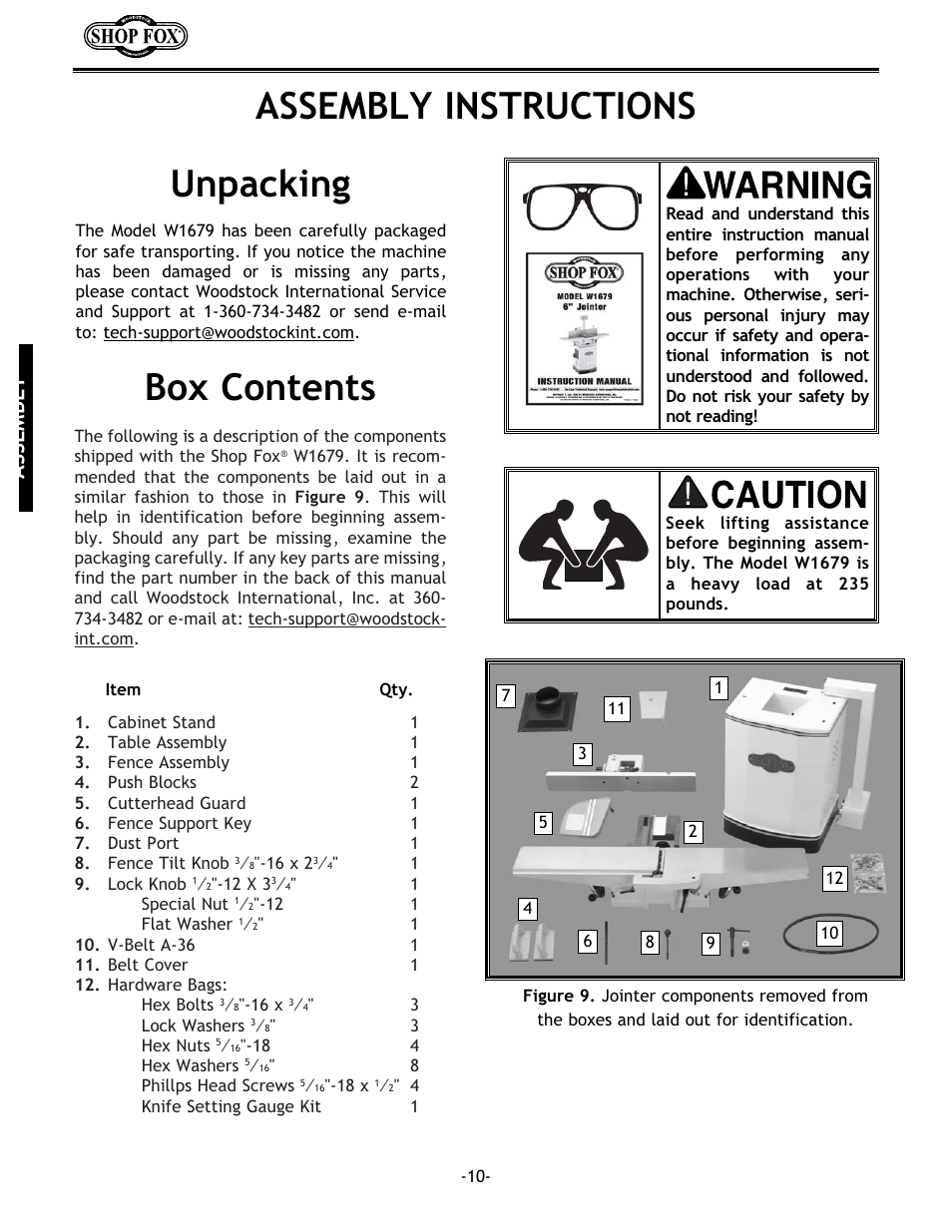 Unpacking box contents, Assembly instructions, Assembly | Woodstock W1679 User Manual | Page 12 / 44