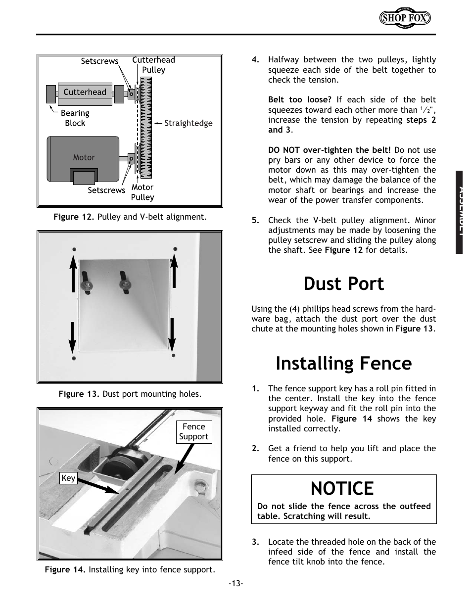 Dust port, Installing fence, Notice | Woodstock W1679 User Manual | Page 15 / 44
