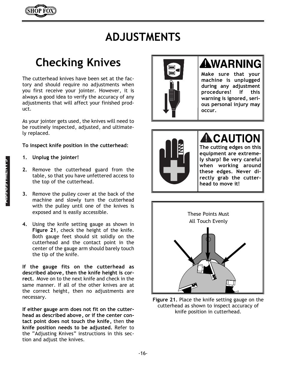 Adjustments checking knives | Woodstock W1679 User Manual | Page 18 / 44