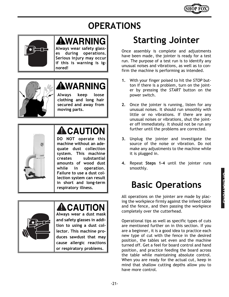 Operations starting jointer basic operations | Woodstock W1679 User Manual | Page 23 / 44