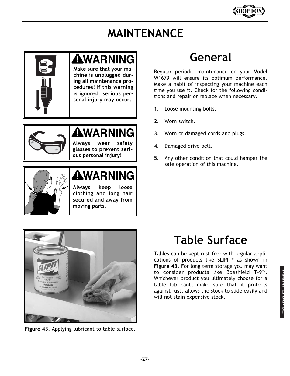 Maintenance, General, Table surface | Woodstock W1679 User Manual | Page 29 / 44