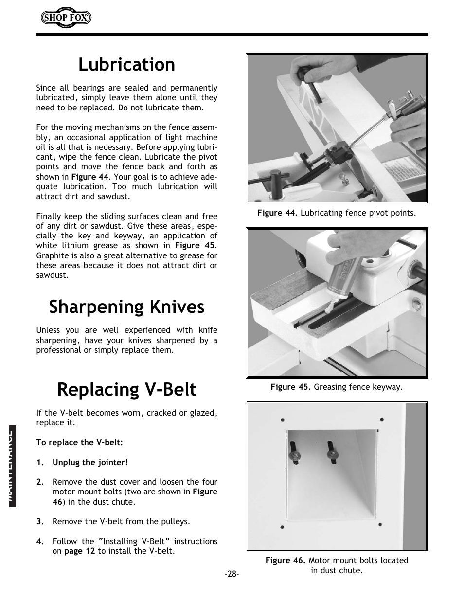 Lubrication, Sharpening knives, Replacing v-belt | Woodstock W1679 User Manual | Page 30 / 44