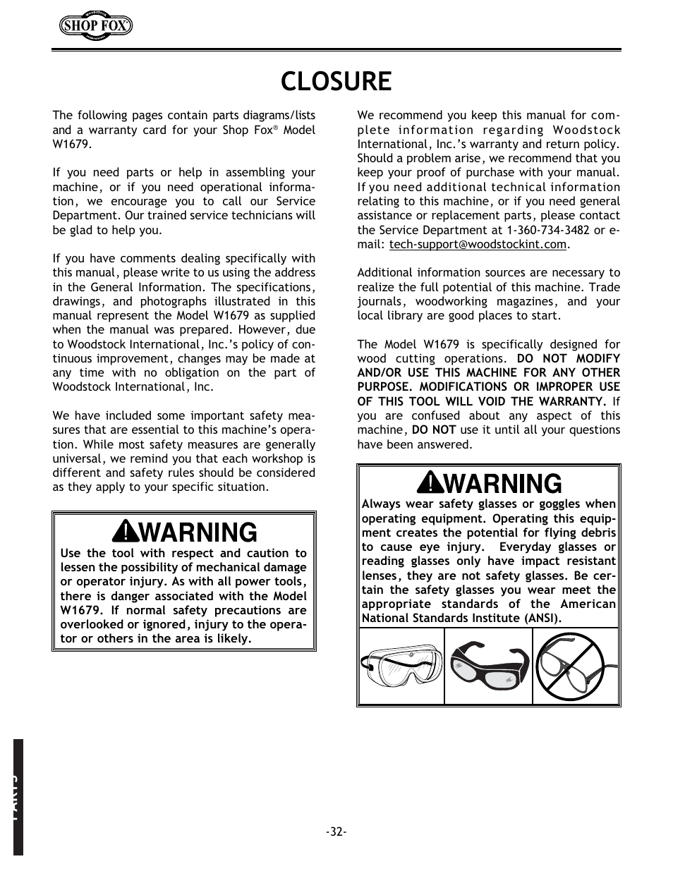 Closure | Woodstock W1679 User Manual | Page 34 / 44