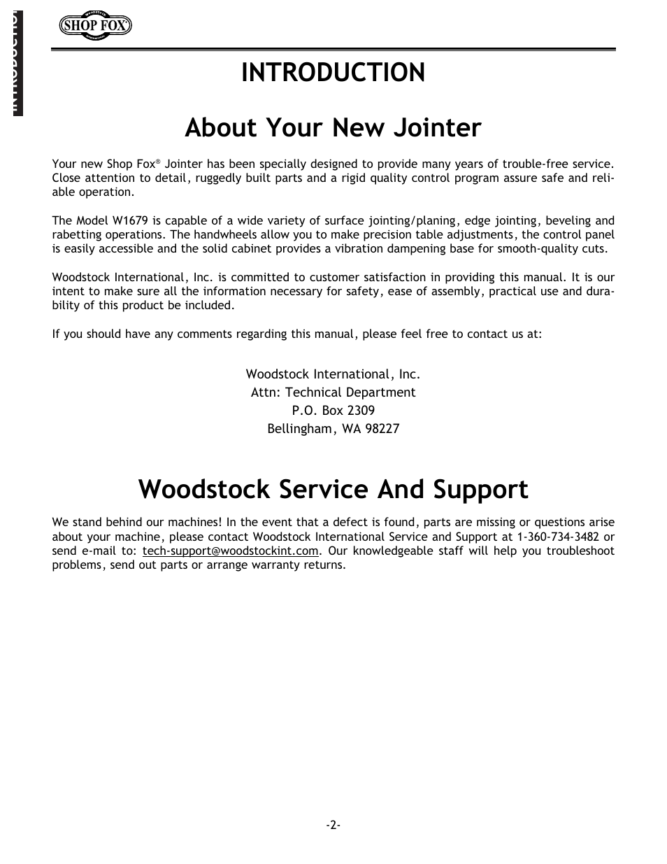 Introduction about your new jointer, Woodstock service and support | Woodstock W1679 User Manual | Page 4 / 44