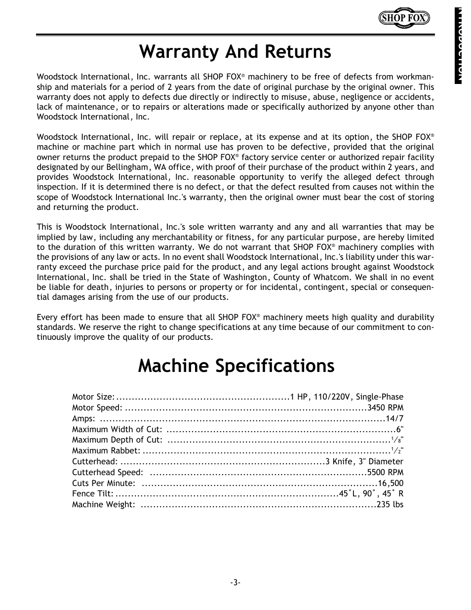 Warranty and returns, Machine specifications, Ntroduction | Woodstock W1679 User Manual | Page 5 / 44