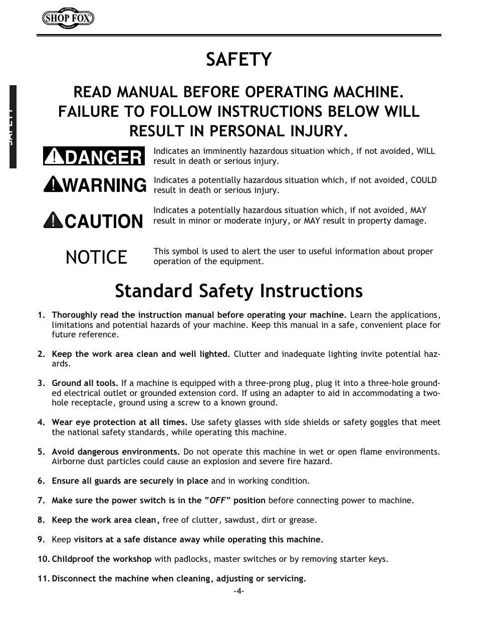 Safety standard safety instructions, Notice | Woodstock W1679 User Manual | Page 6 / 44