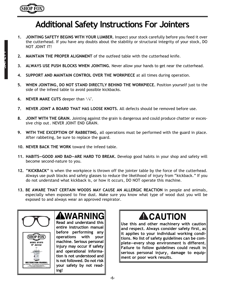 Additional safety instructions for jointers, Safety | Woodstock W1679 User Manual | Page 8 / 44