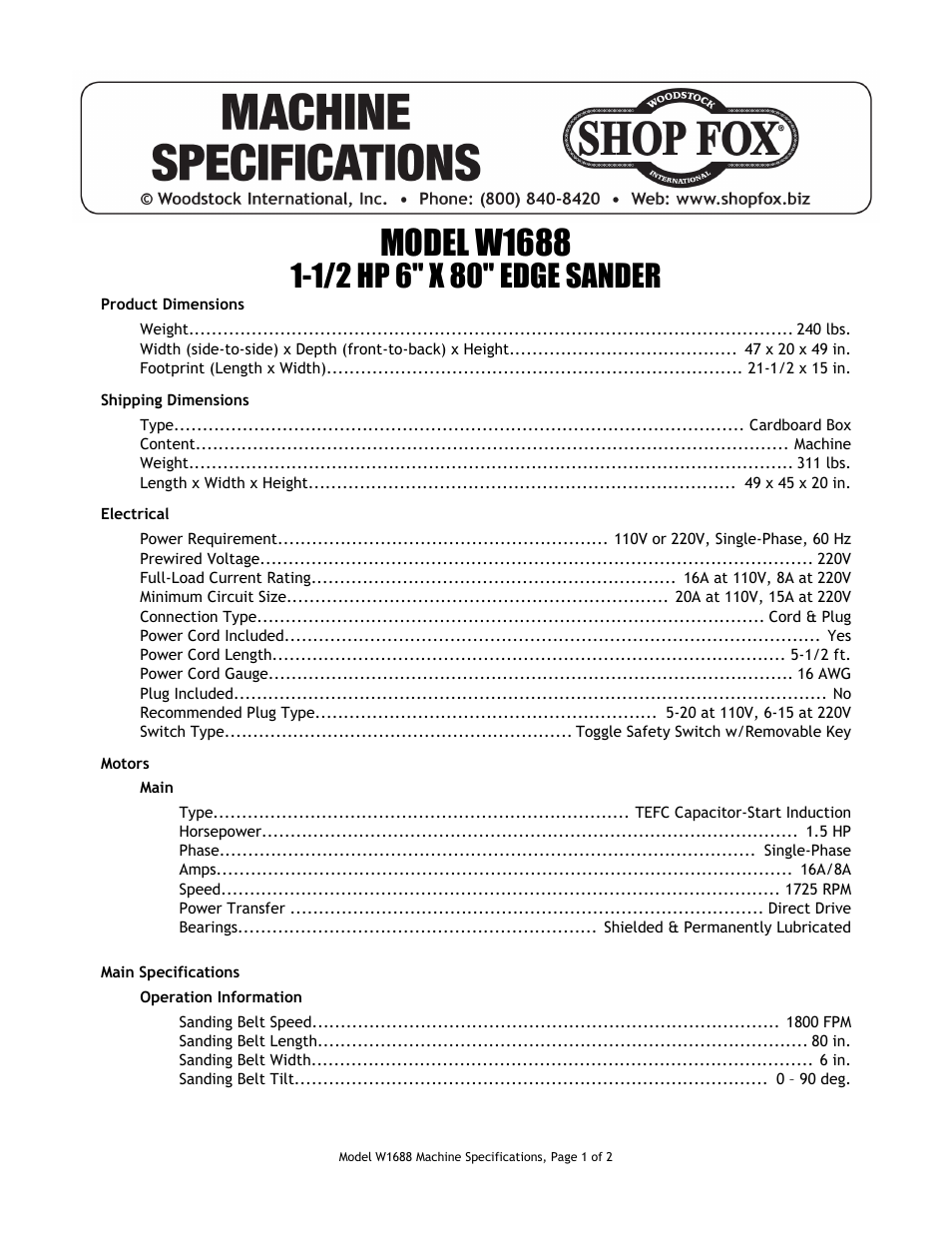 Woodstock W1688 User Manual | 2 pages