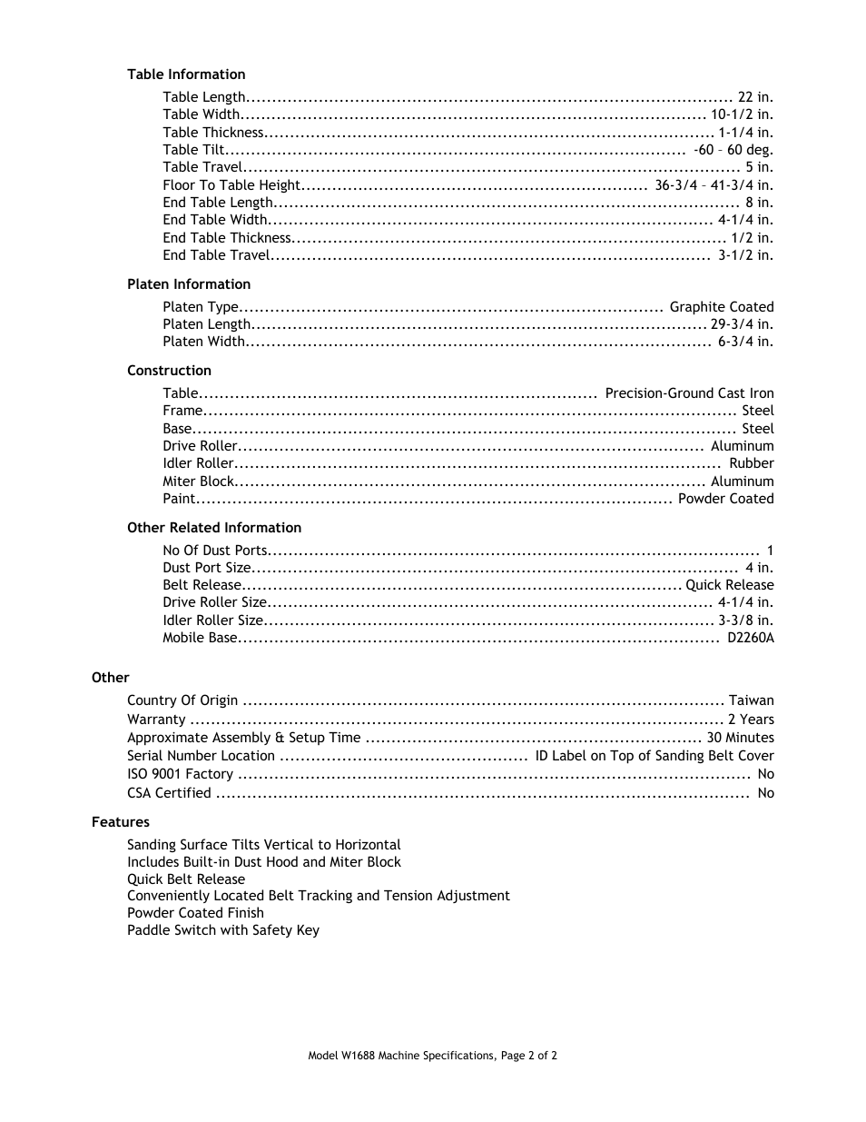 Other specifications, Features | Woodstock W1688 User Manual | Page 2 / 2