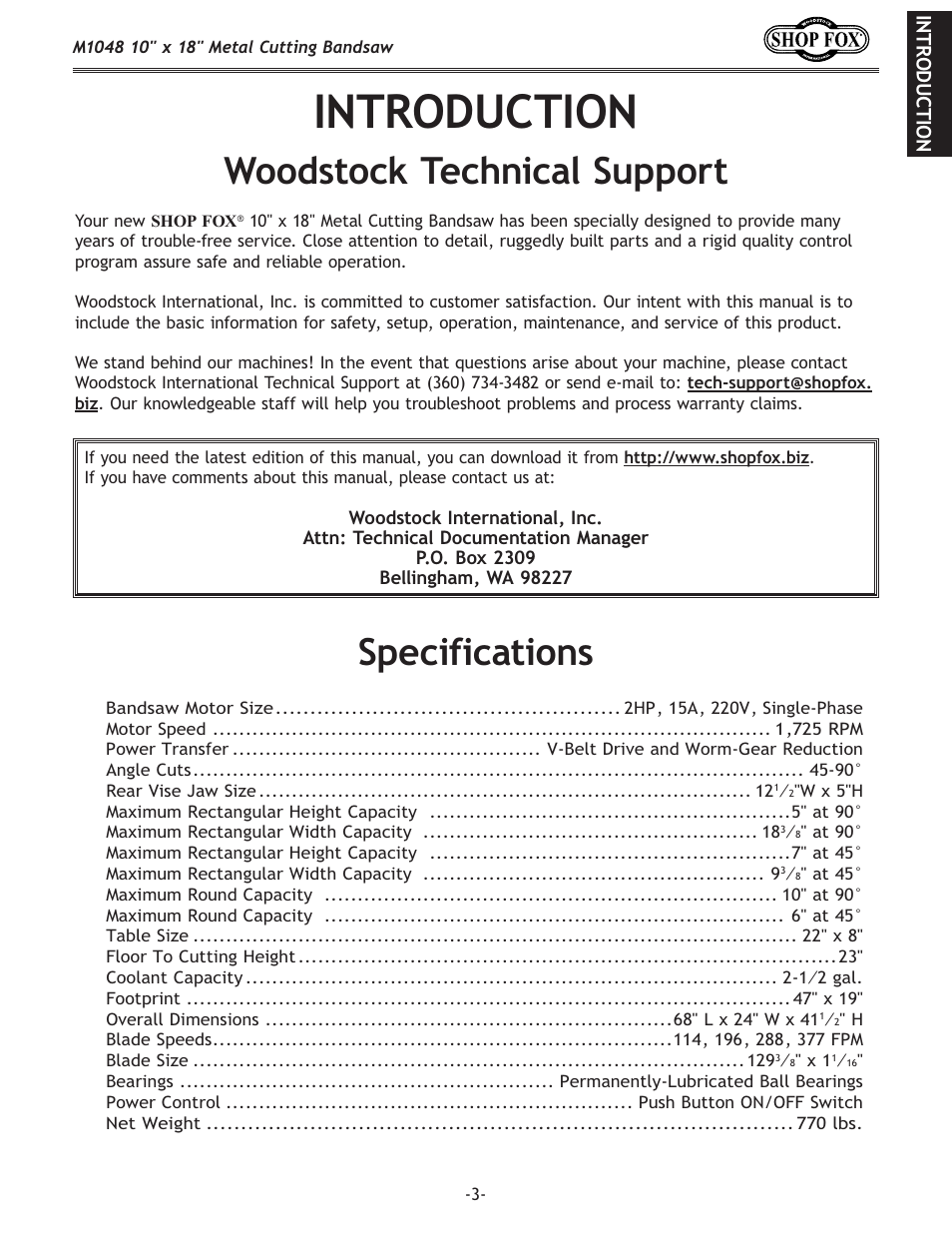 Introduction, Woodstock technical support, Specifications | Woodstock SHOP FOX M1054 User Manual | Page 13 / 56