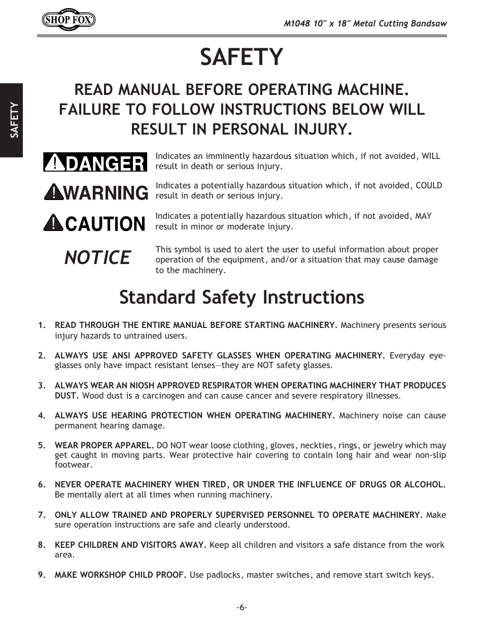 Safety, Standard safety instructions, Notice | Woodstock SHOP FOX M1054 User Manual | Page 16 / 56