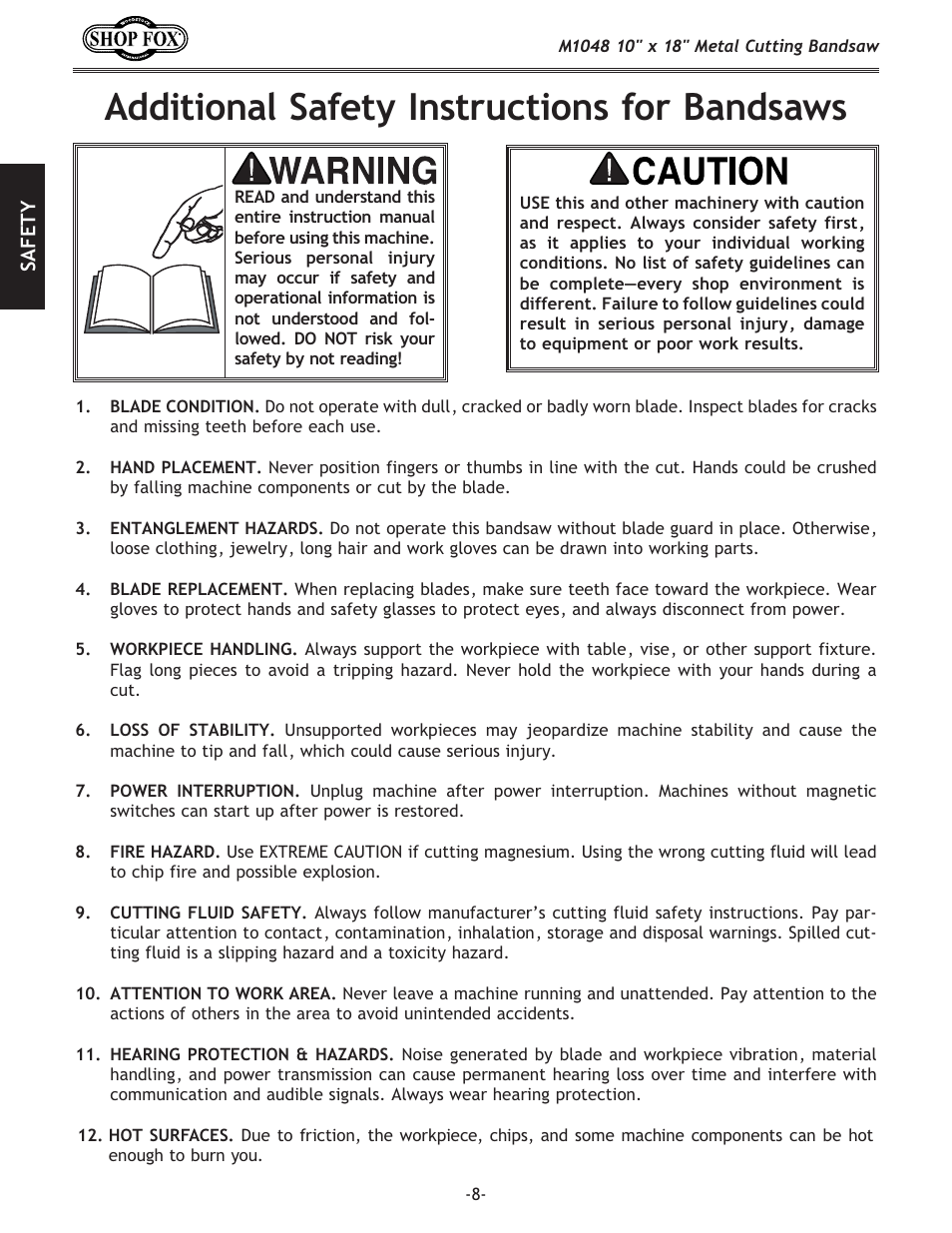 Additional safety instructions for bandsaws | Woodstock SHOP FOX M1054 User Manual | Page 18 / 56