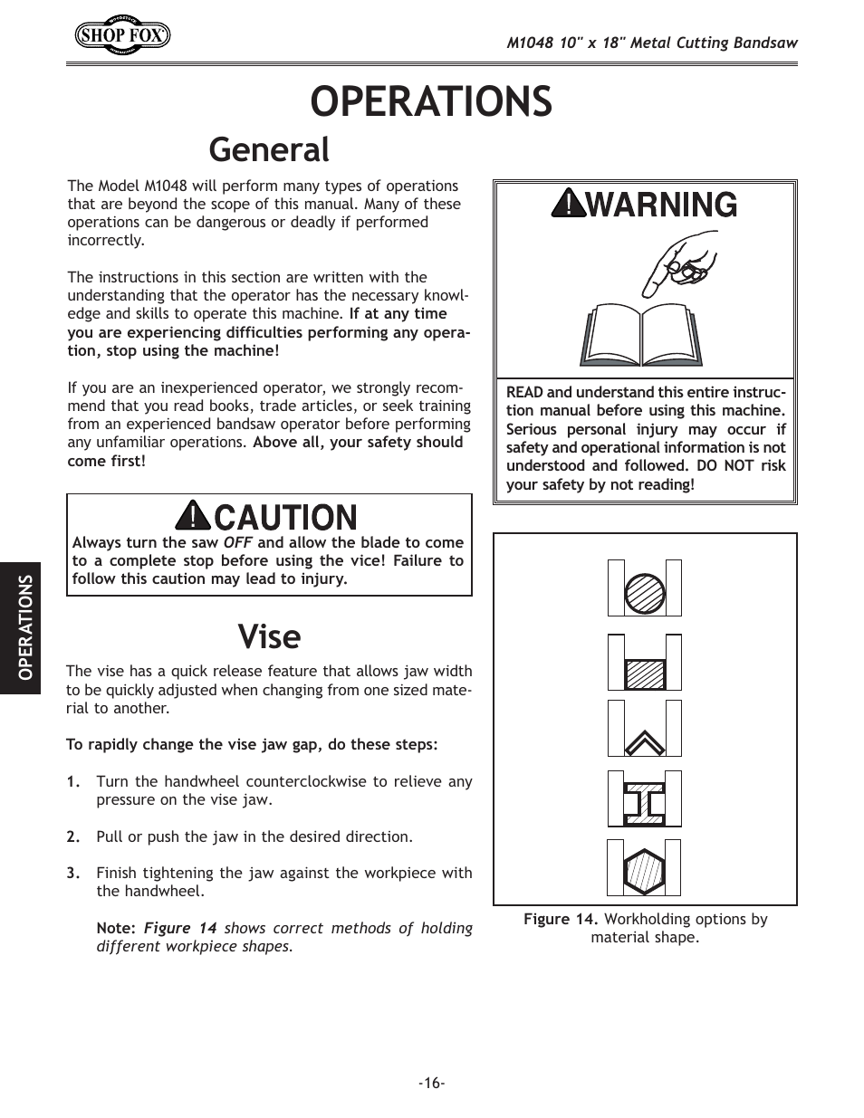 Operations, General, Vise | Woodstock SHOP FOX M1054 User Manual | Page 26 / 56