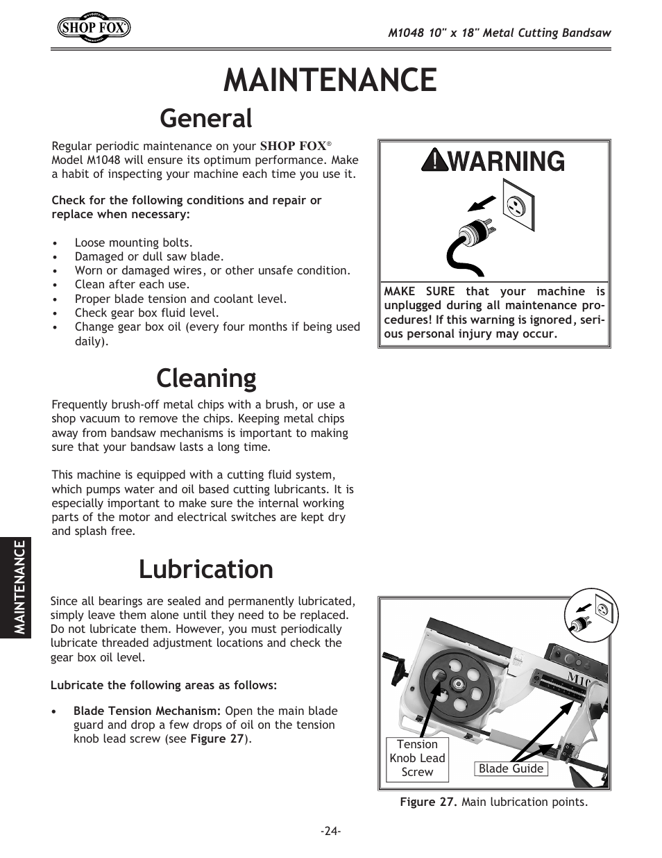 Maintenance, Cleaning general, Lubrication | Woodstock SHOP FOX M1054 User Manual | Page 34 / 56