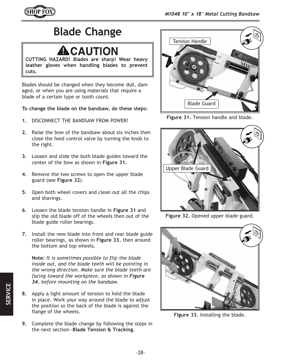 Blade change | Woodstock SHOP FOX M1054 User Manual | Page 38 / 56