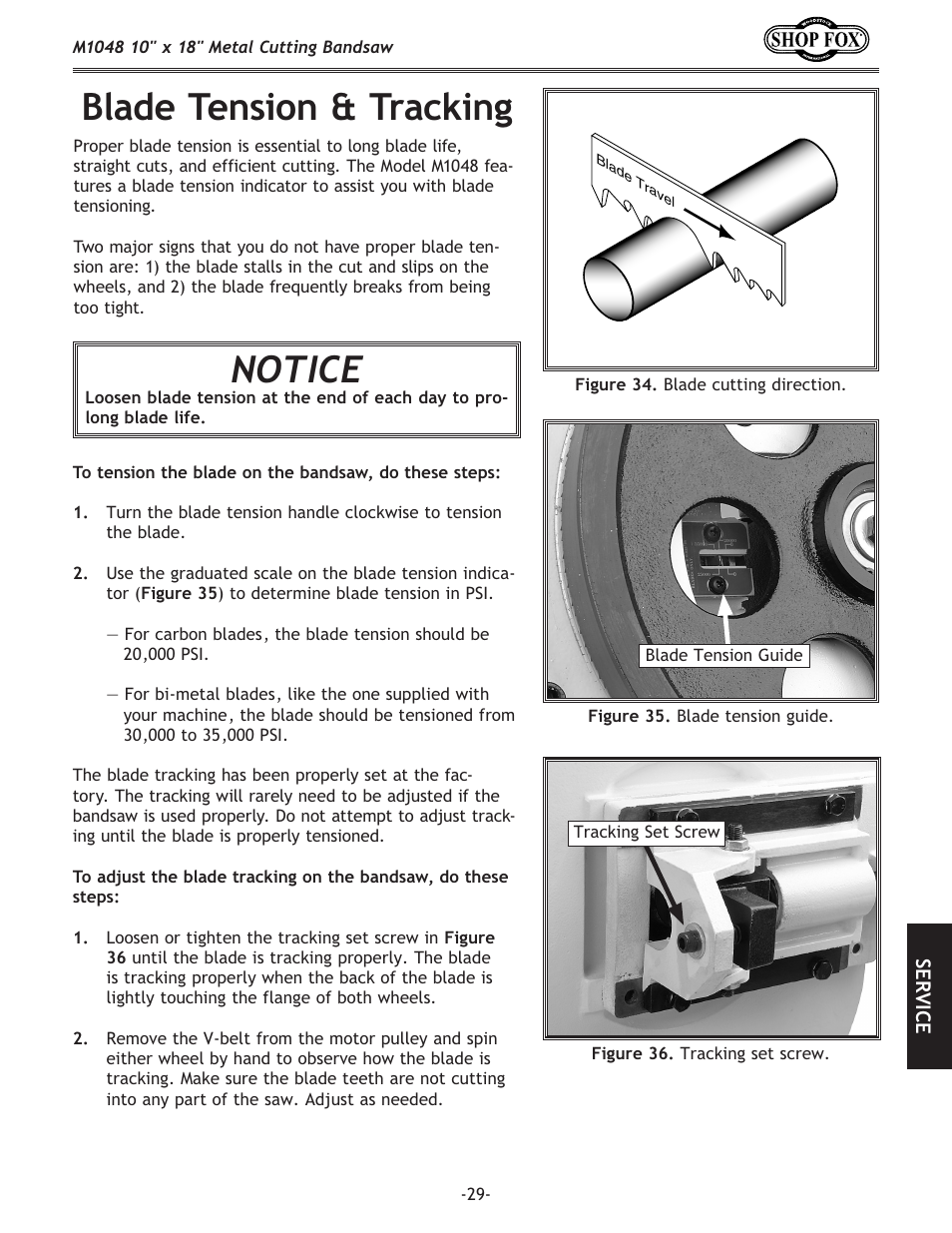 Blade tension & tracking, Notice | Woodstock SHOP FOX M1054 User Manual | Page 39 / 56