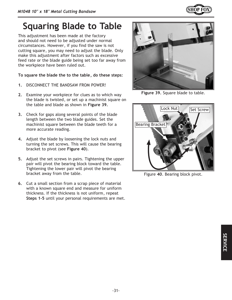 Squaring blade to table | Woodstock SHOP FOX M1054 User Manual | Page 41 / 56