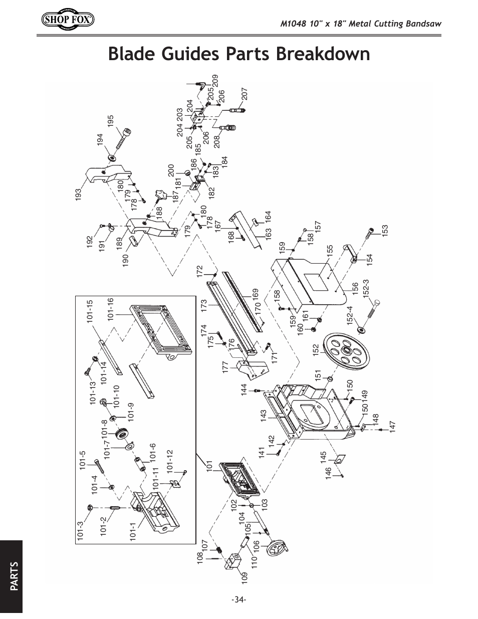 Blade guides parts breakdown, Pa rt s | Woodstock SHOP FOX M1054 User Manual | Page 44 / 56