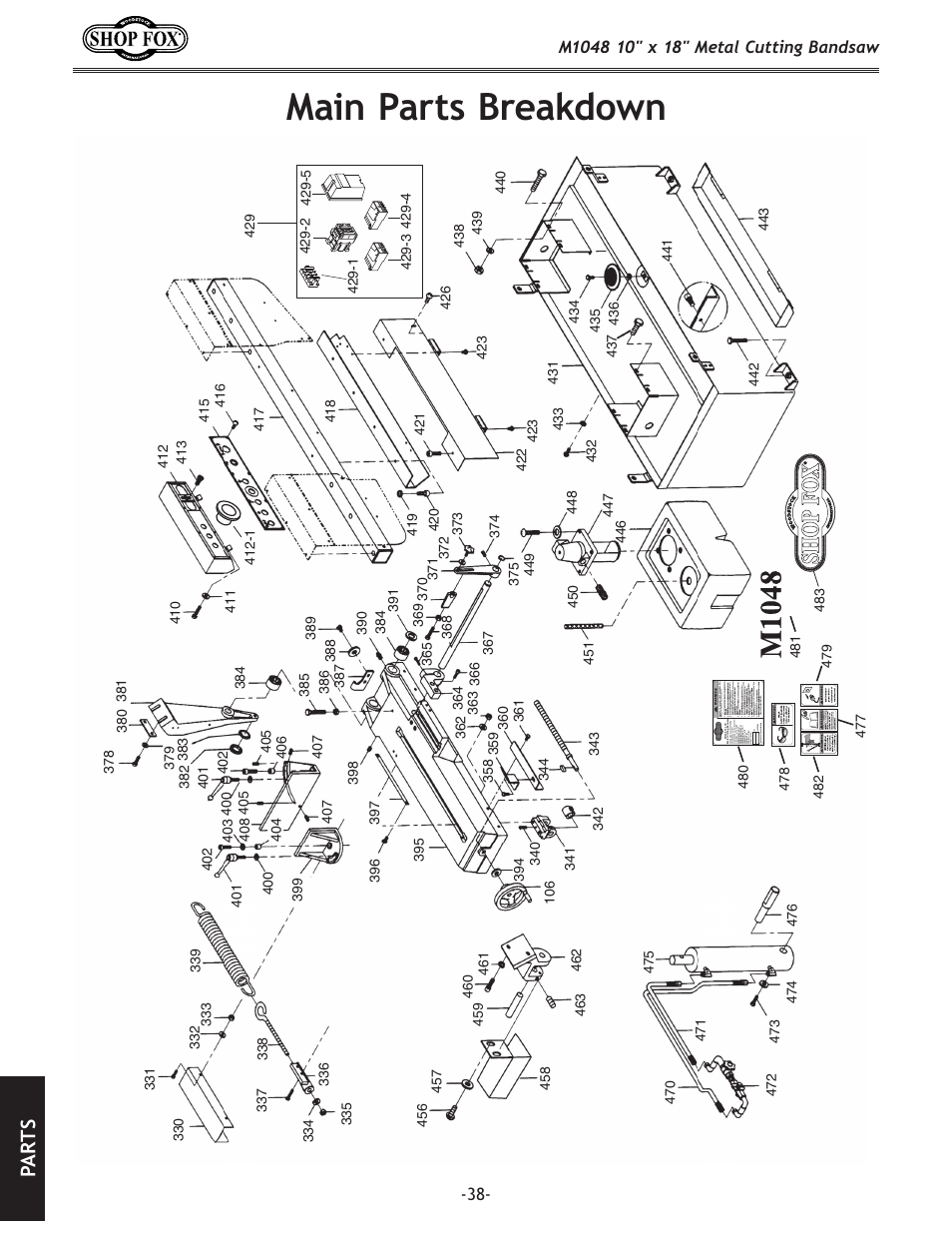 Main parts breakdown, Pa rt s | Woodstock SHOP FOX M1054 User Manual | Page 48 / 56