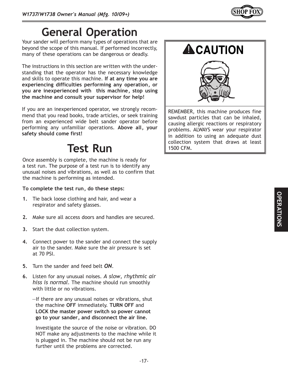 General operation test run | Woodstock W1737 User Manual | Page 19 / 68