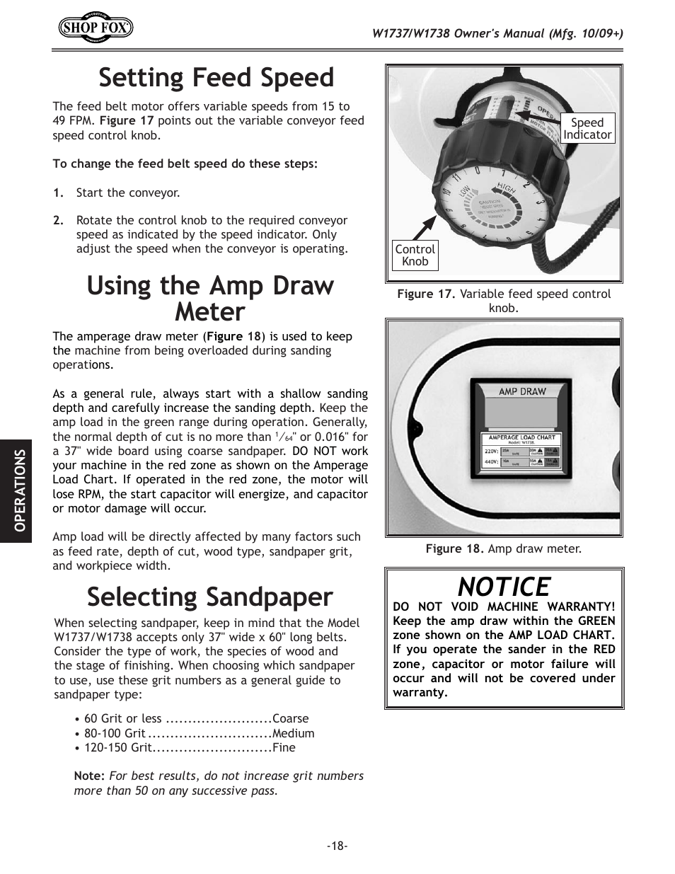 Setting feed speed, Using the amp draw meter, Selecting sandpaper | Notice | Woodstock W1737 User Manual | Page 20 / 68