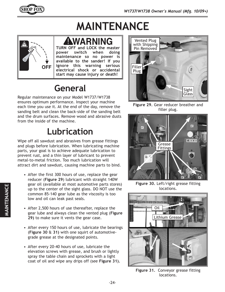 Maintenance, Lubrication, General | Woodstock W1737 User Manual | Page 26 / 68