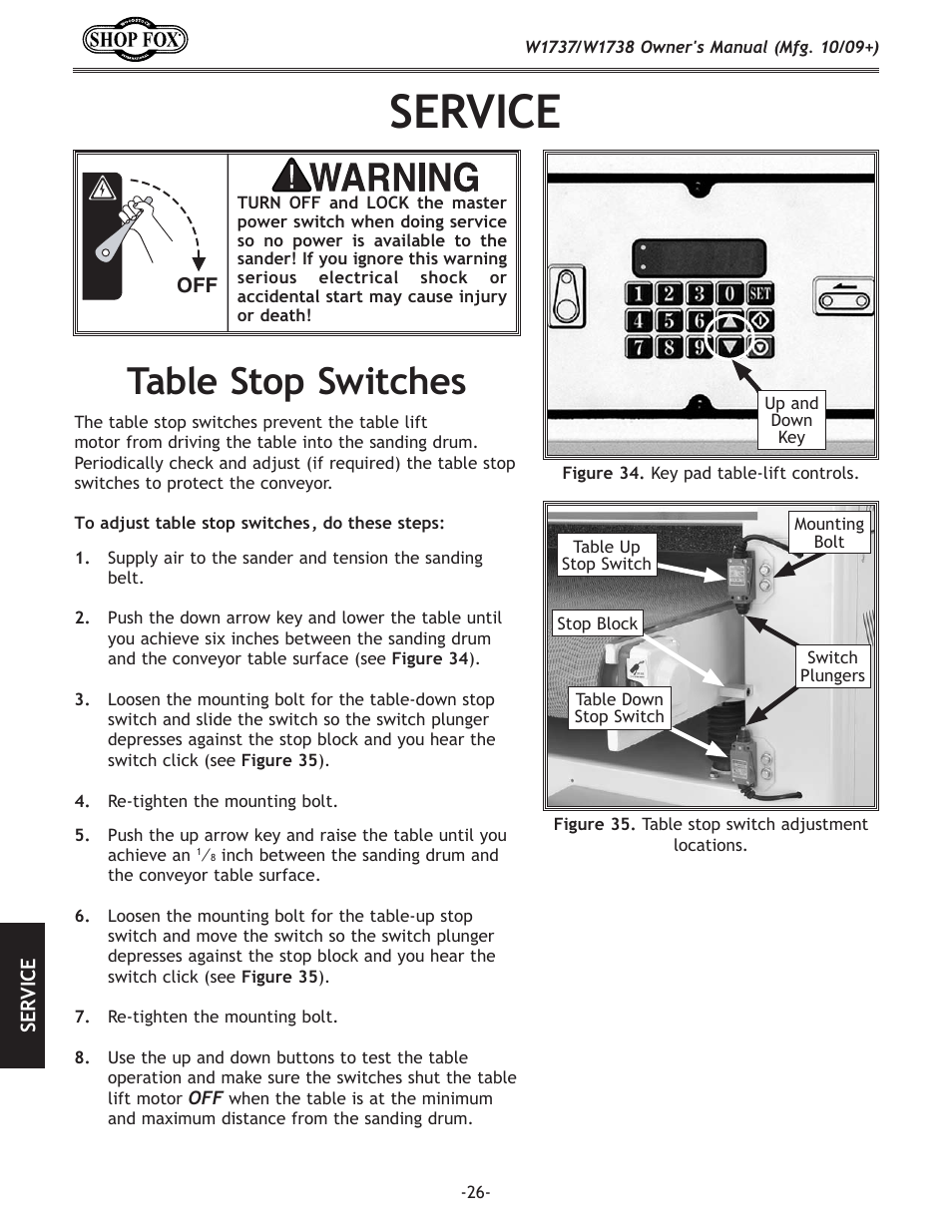Service, Table stop switches | Woodstock W1737 User Manual | Page 28 / 68