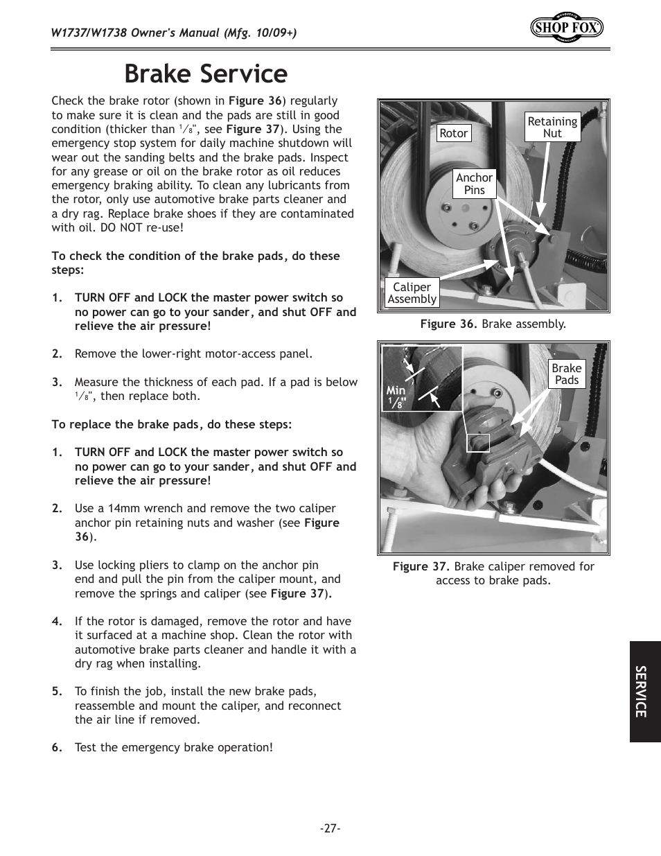 Brake service | Woodstock W1737 User Manual | Page 29 / 68