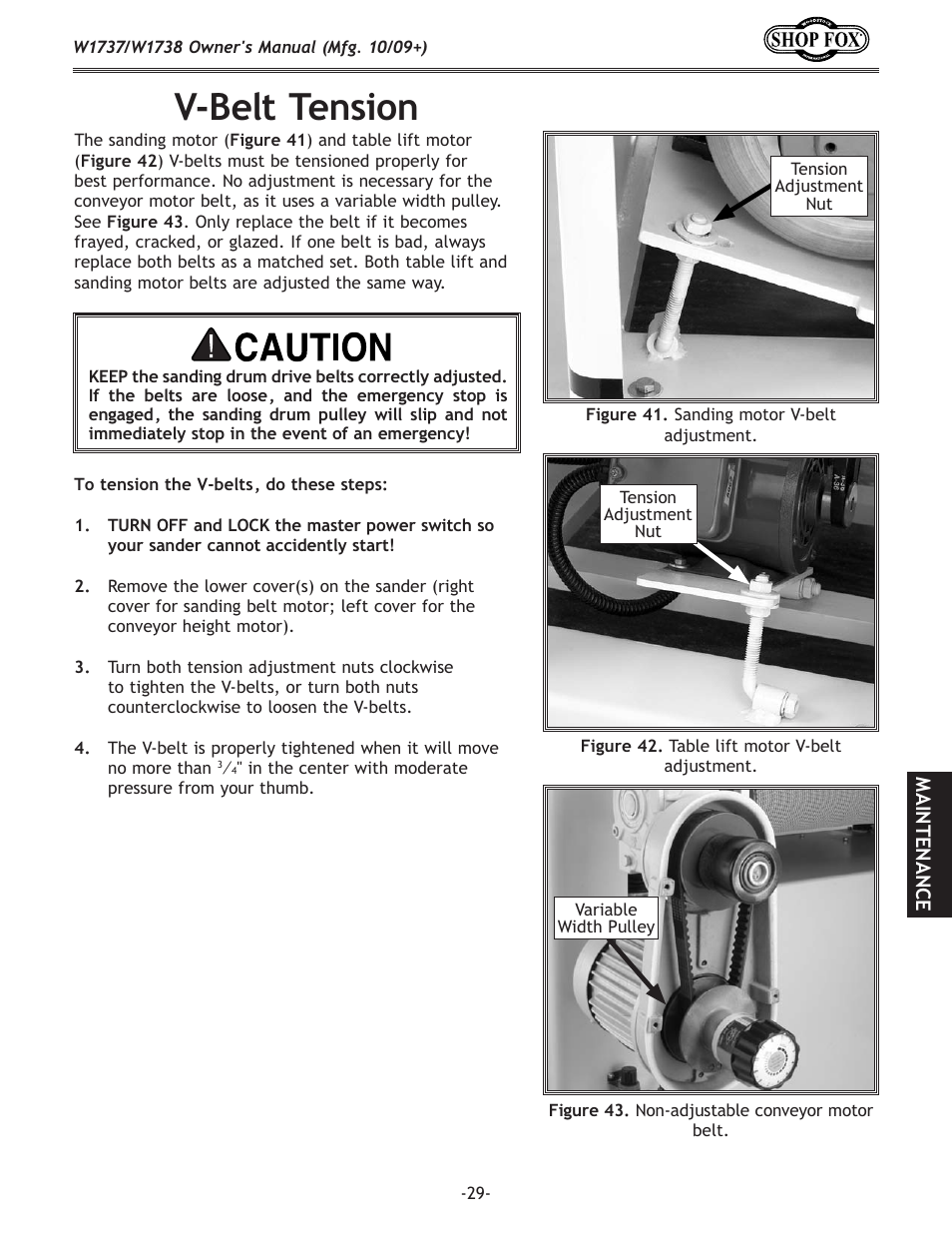 V-belt tension | Woodstock W1737 User Manual | Page 31 / 68