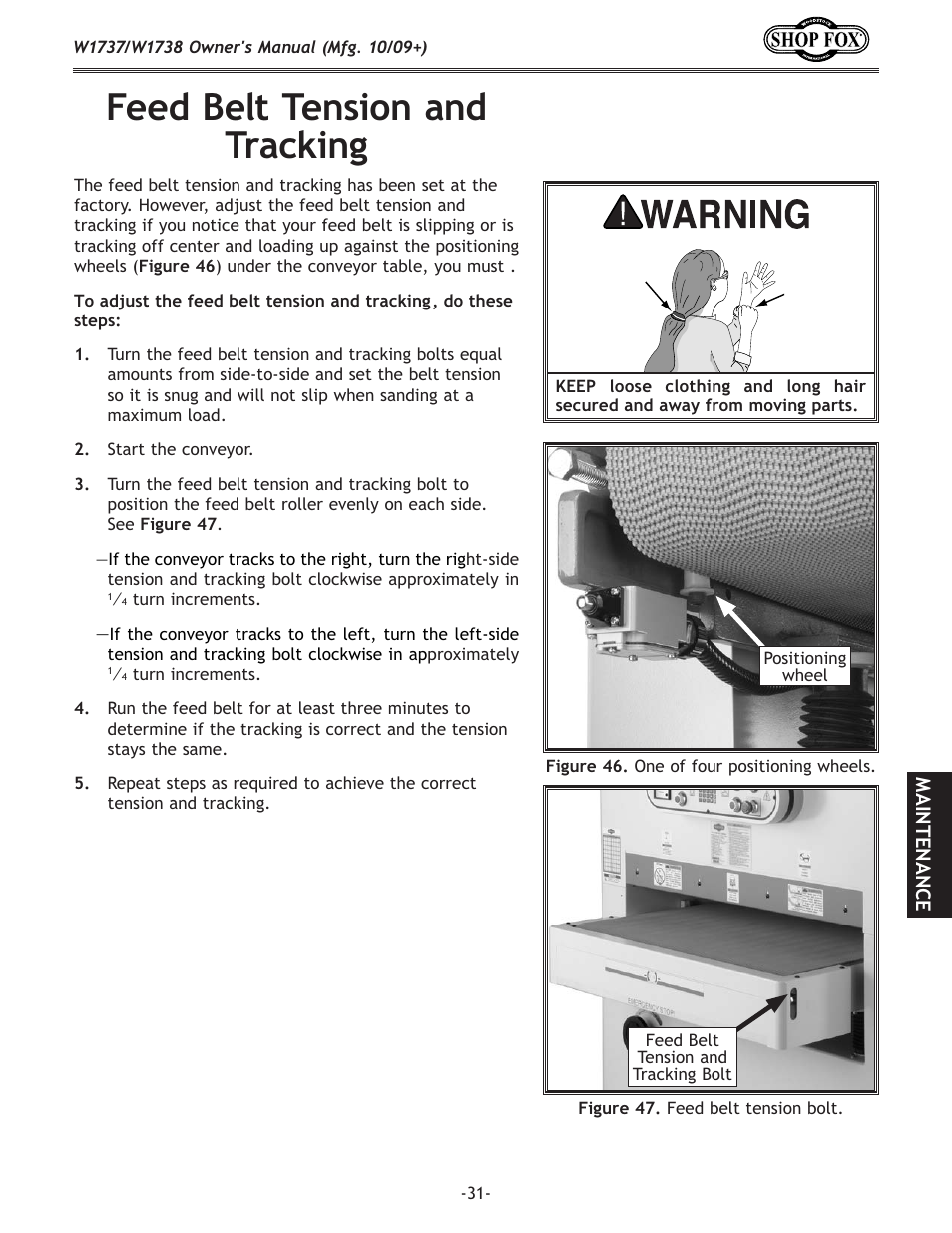 Feed belt tension and tracking | Woodstock W1737 User Manual | Page 33 / 68