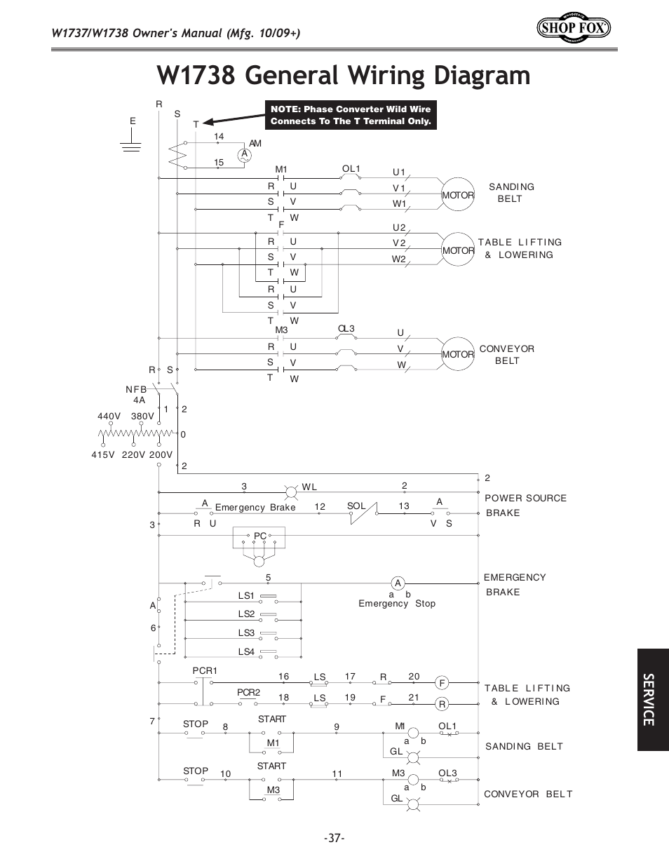 W1738 general wiring diagram, Se rv ic e | Woodstock W1737 User Manual | Page 39 / 68