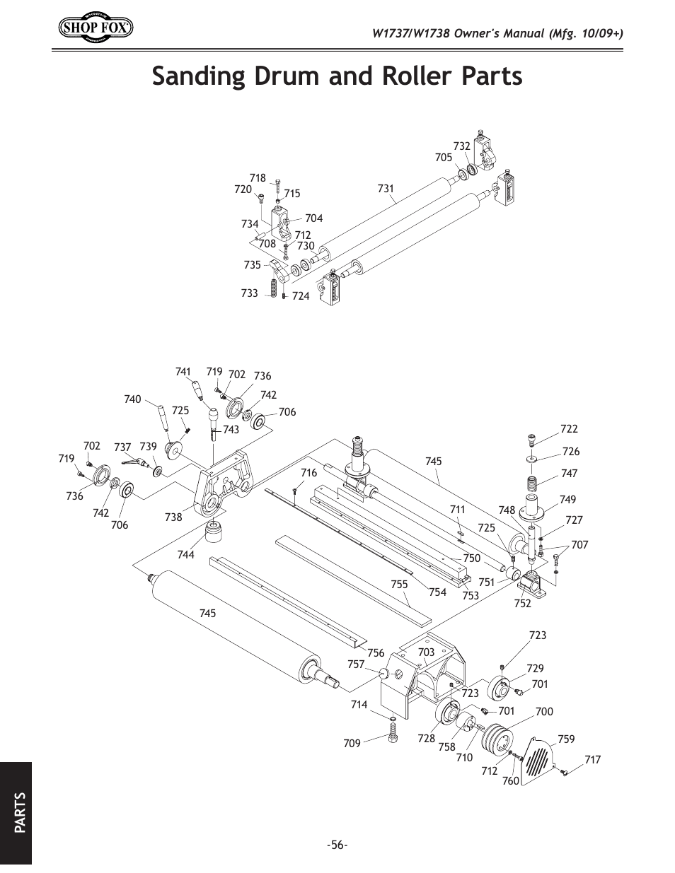 Sanding drum and roller parts, Pa rt s | Woodstock W1737 User Manual | Page 58 / 68