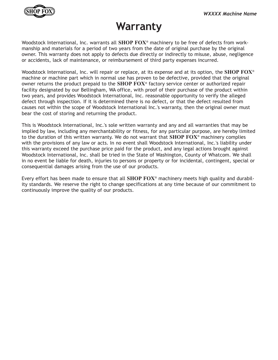 Warranty | Woodstock W1737 User Manual | Page 64 / 68