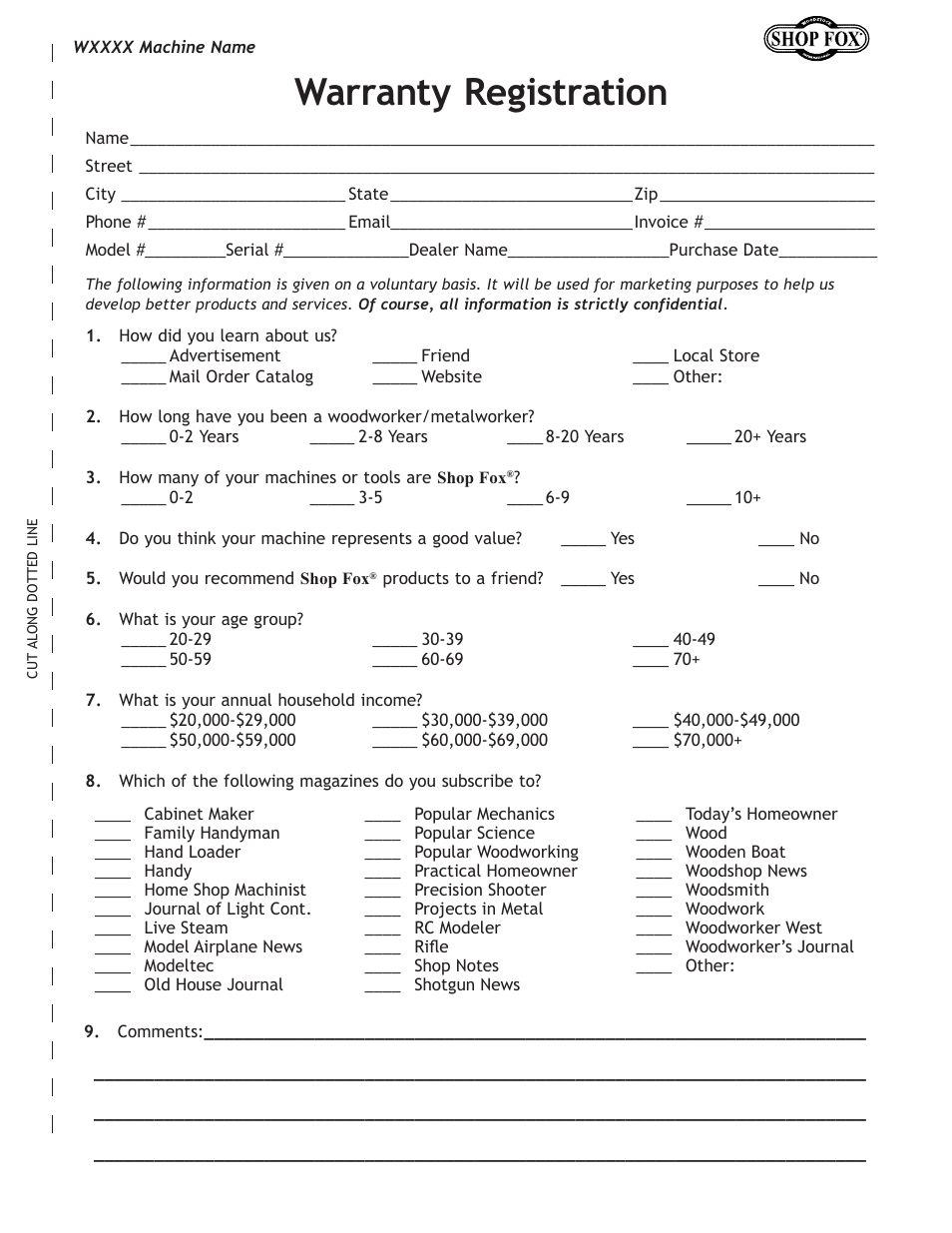 Warranty registration | Woodstock W1737 User Manual | Page 65 / 68