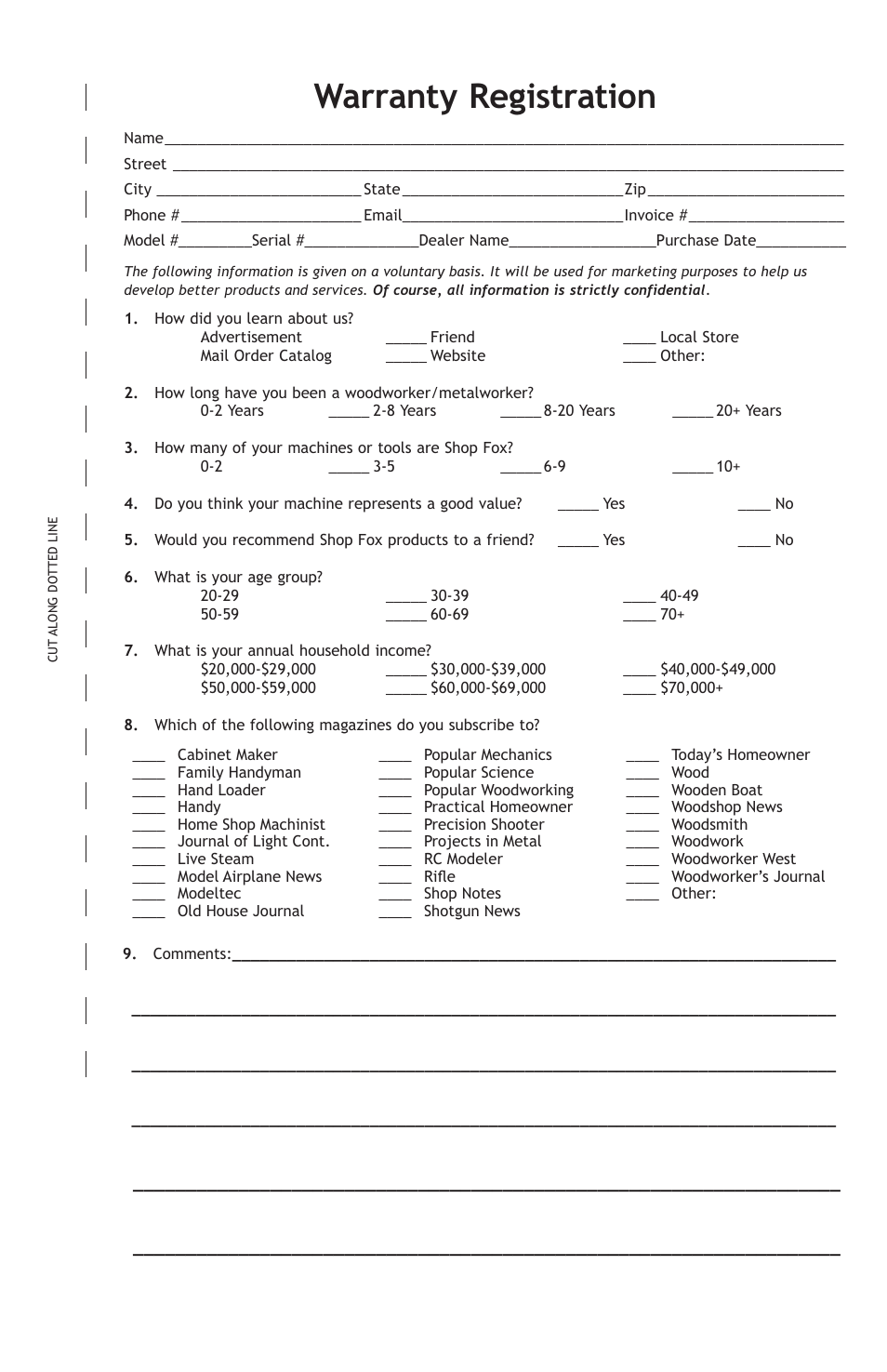 Warranty registration | Woodstock SHOP FOX D3274 User Manual | Page 19 / 20