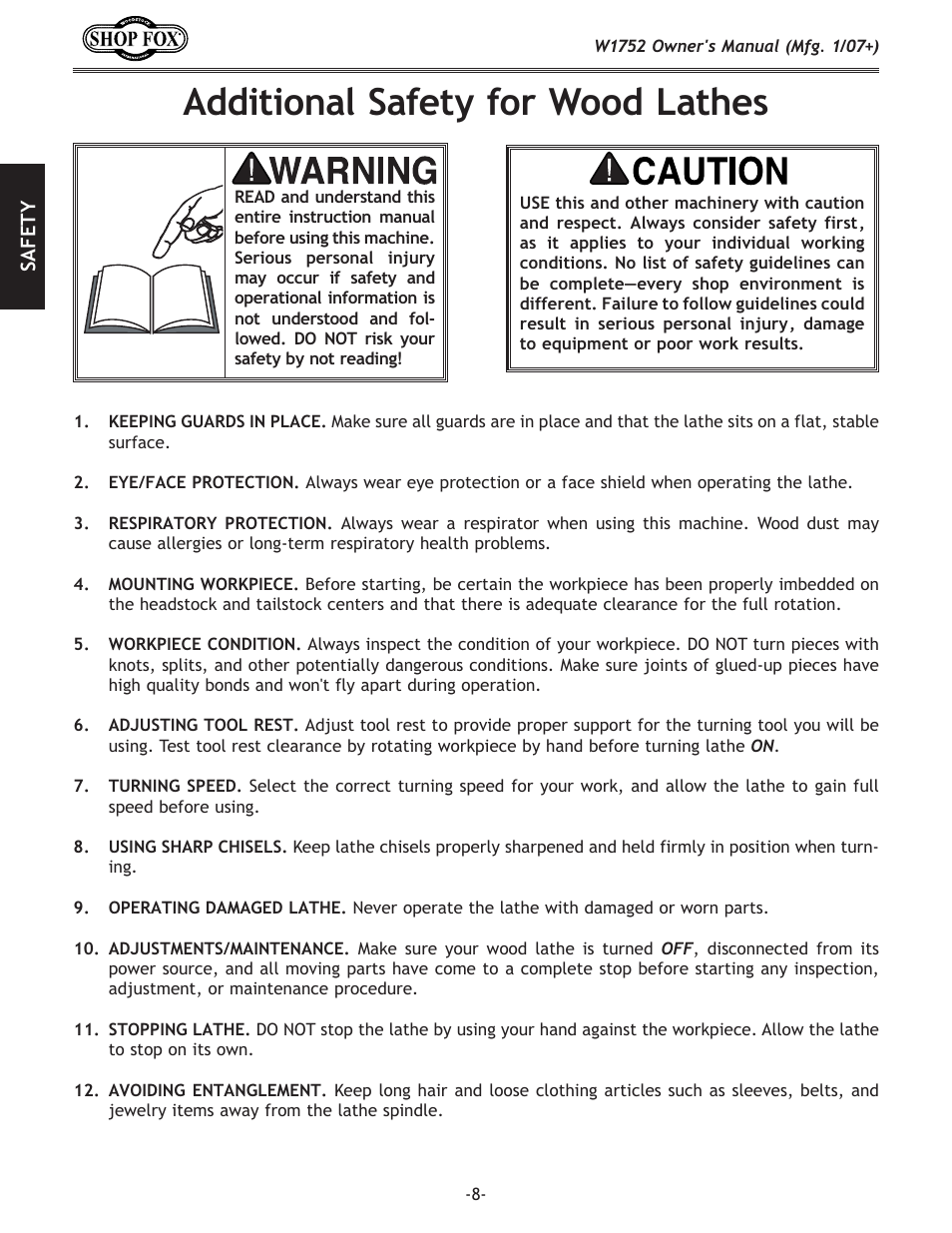 Additional safety for wood lathes | Woodstock W1752 User Manual | Page 10 / 40