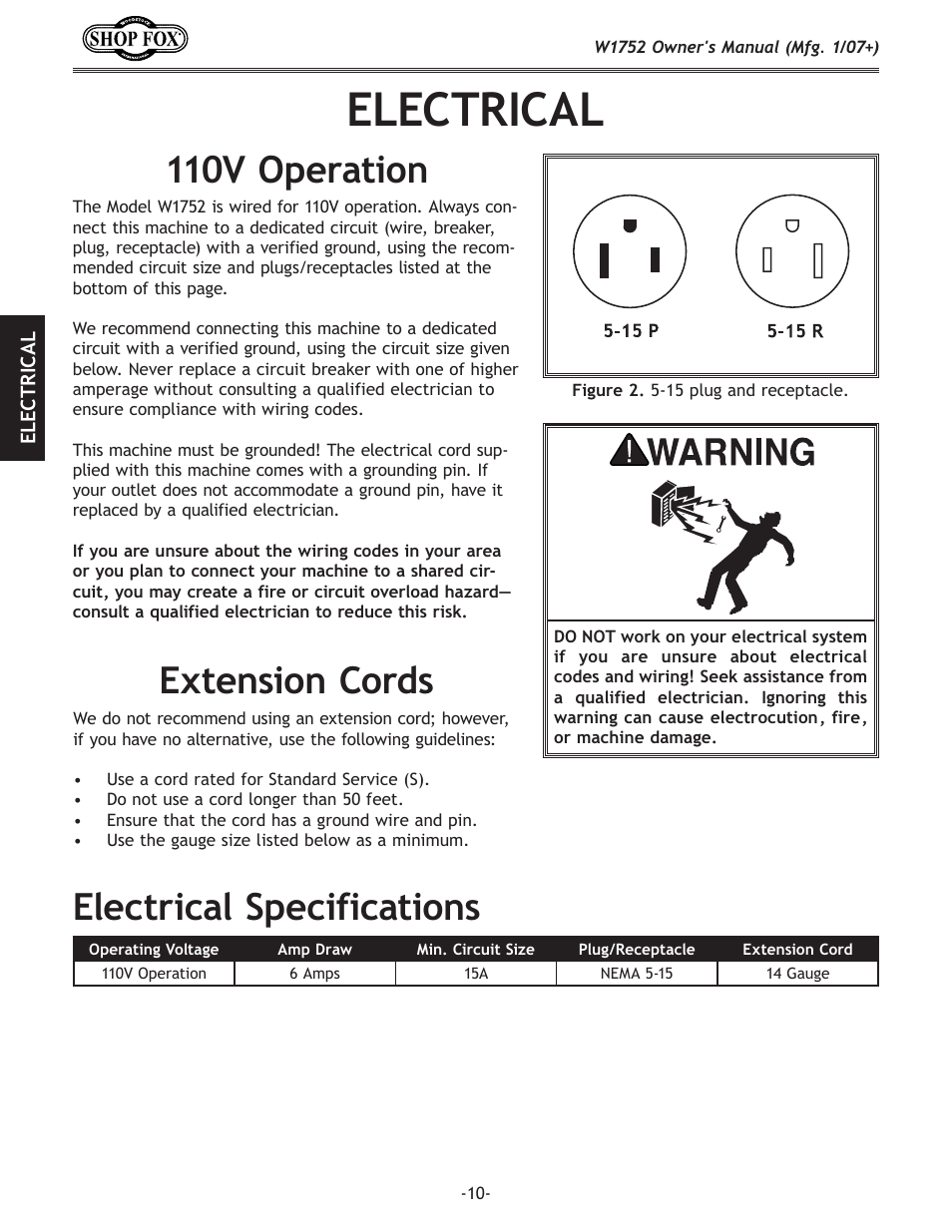 Electrical, 110v operation, Extension cords | Electrical specifications, Extension cords 110v operation | Woodstock W1752 User Manual | Page 12 / 40