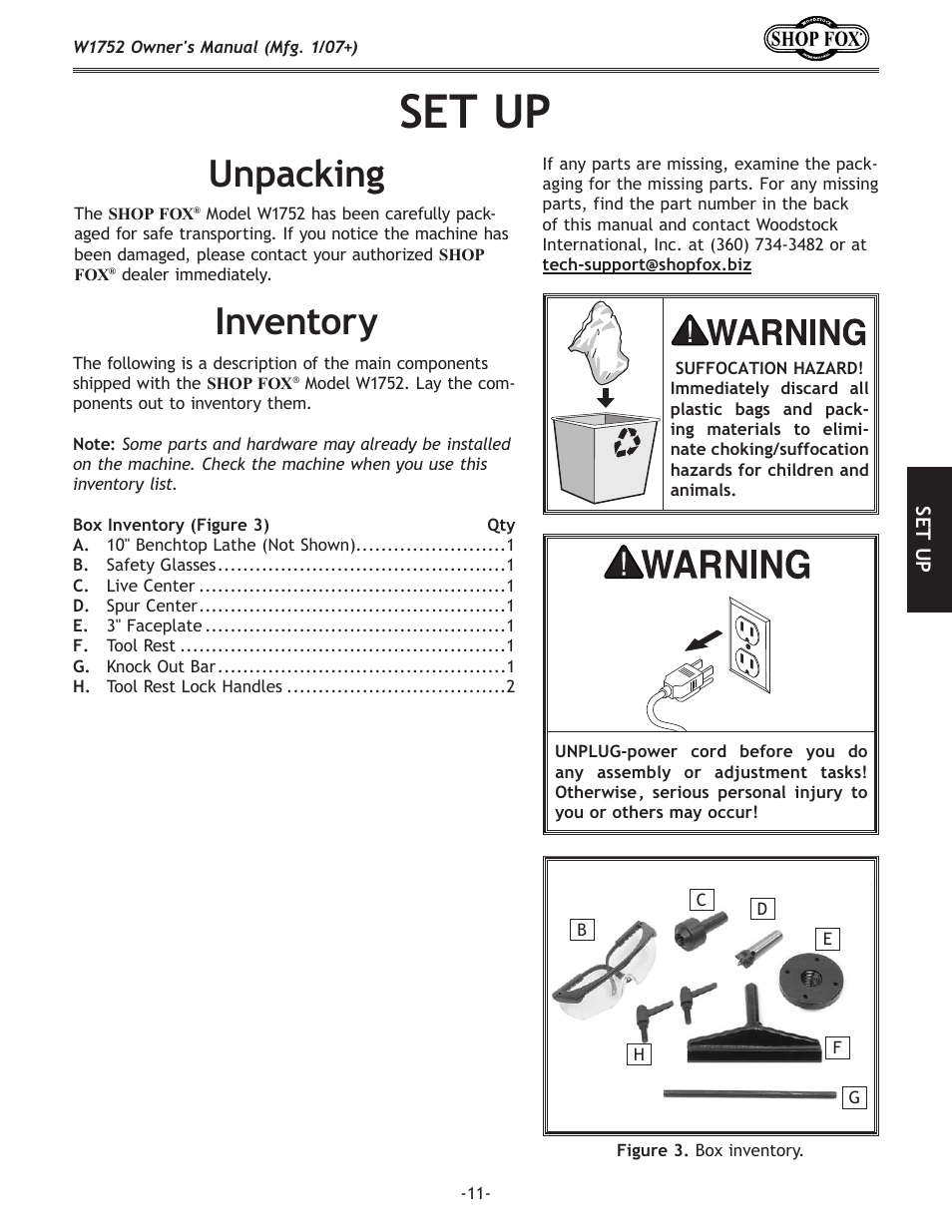 Set up, Unpacking, Inventory | Woodstock W1752 User Manual | Page 13 / 40